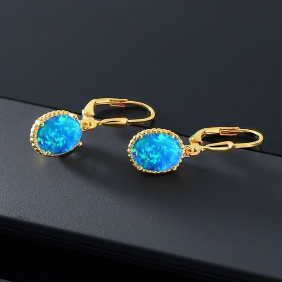 18K Yellow Gold 925 with 1.12 Cttw Blue Opal Oval Leverback Hook Earrings - Picture 2 of 4